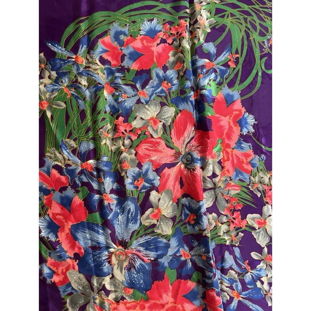 Vintage Floral Silk Scarf Purple Blue Pink Orchid Print Square Retro 34x33
